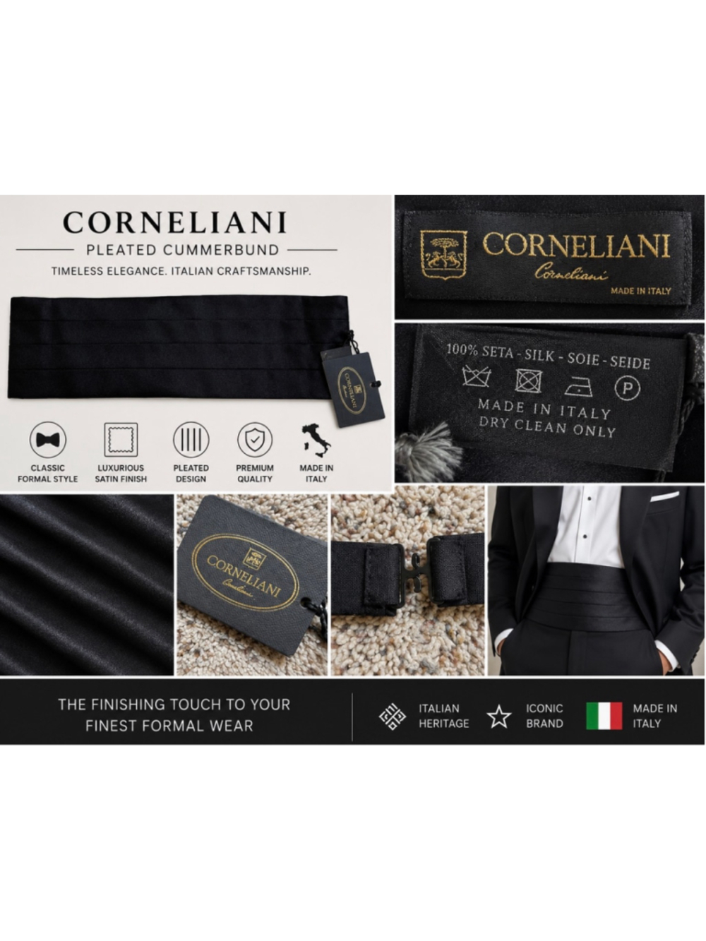 Men's Corneliani Silk Pleated Cummerbund, One Size, Black New Italian luxury